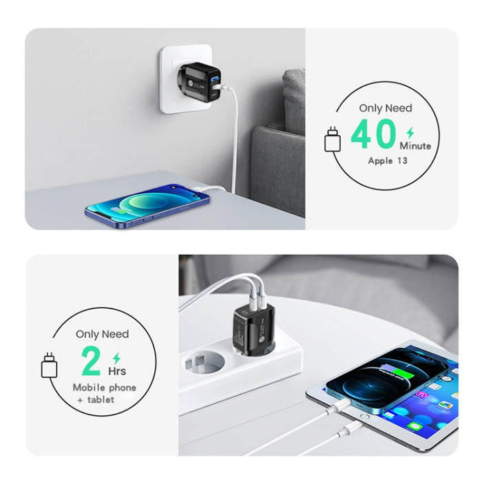 PD25W USB-C / Type-C + QC3.0 Cargador rápido de puertos duales USB con USB a cable de datos de 8 pines, enchufe de EE. UU., US Plug + USB to 8 Pin Cable