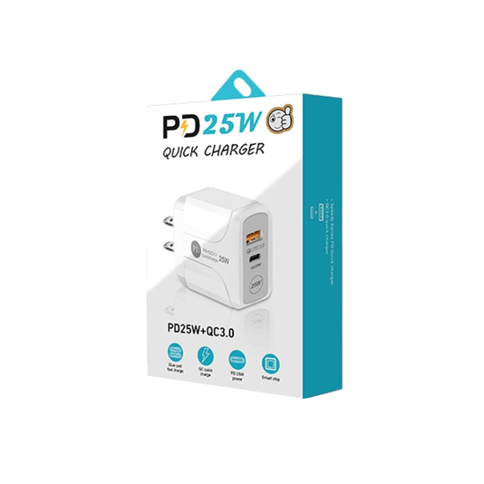 PD25W USB-C / Type-C + QC3.0 Cargador rápido de puertos duales USB con USB a cable de datos de 8 pines, enchufe de EE. UU., US Plug + USB to 8 Pin Cable