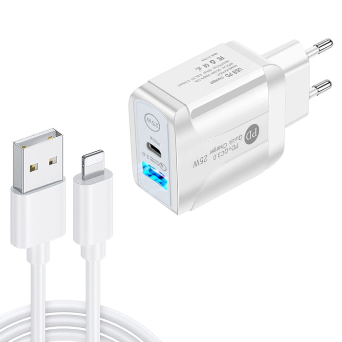 PD25W USB-C / Type-C + QC3.0 Cargador rápido de puertos duales USB con USB a cable de datos de 8 pines, enchufe de la UE, EU Plug + USB to 8 Pin Cable