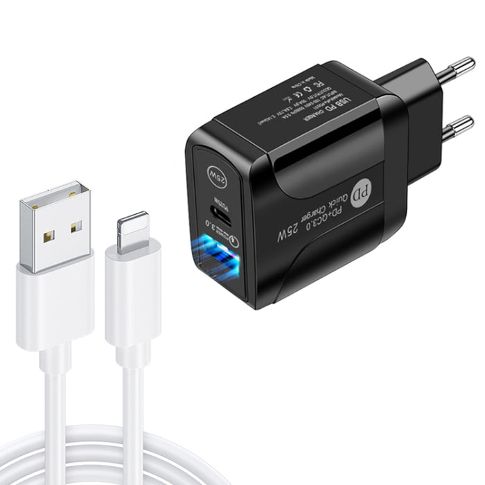 PD25W USB-C / Type-C + QC3.0 Cargador rápido de puertos duales USB con USB a cable de datos de 8 pines, enchufe de la UE, EU Plug + USB to 8 Pin Cable