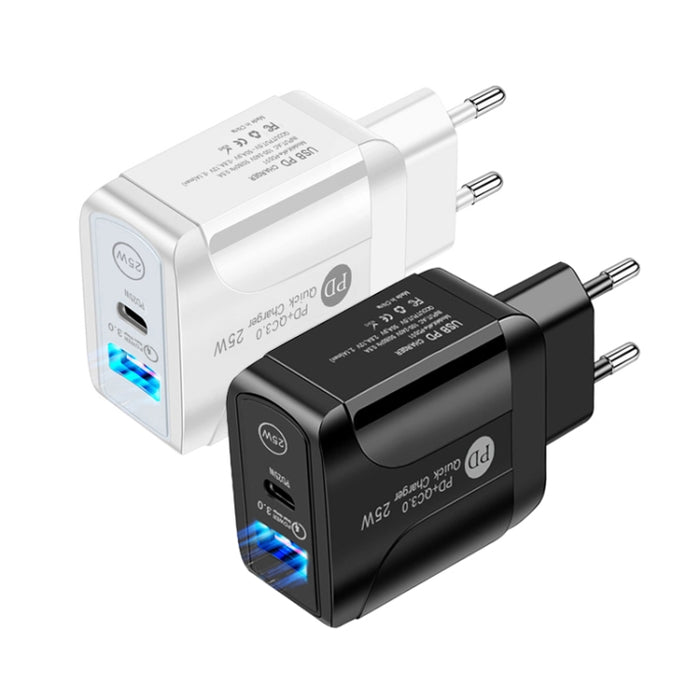 PD25W USB-C / Type-C + QC3.0 Cargador rápido de puertos duales USB con USB a cable de datos de 8 pines, enchufe de la UE, EU Plug + USB to 8 Pin Cable