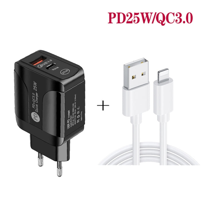 PD25W USB-C / Type-C + QC3.0 Cargador rápido de puertos duales USB con USB a cable de datos de 8 pines, enchufe de la UE, EU Plug + USB to 8 Pin Cable