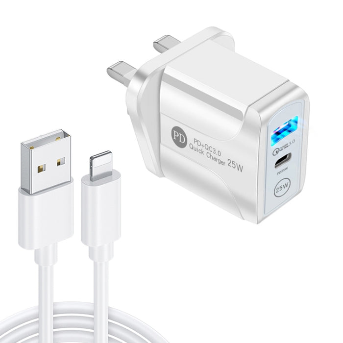 PD25W USB-C / Type-C + QC3.0 Cargador rápido de puertos duales USB con USB a cable de datos de 8 pines, enchufe de Reino Unido, UK Plug + USB to 8 Pin Cable