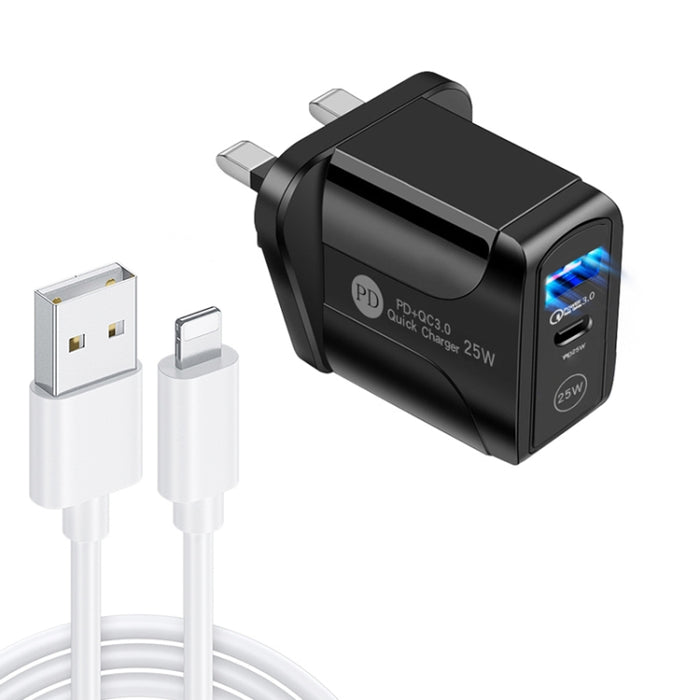 PD25W USB-C / Type-C + QC3.0 Cargador rápido de puertos duales USB con USB a cable de datos de 8 pines, enchufe de Reino Unido, UK Plug + USB to 8 Pin Cable