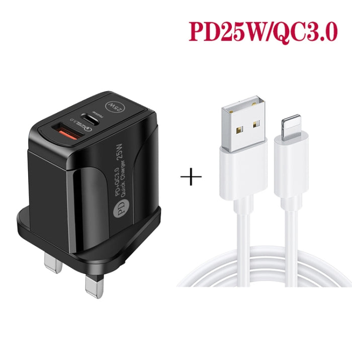 PD25W USB-C / Type-C + QC3.0 Cargador rápido de puertos duales USB con USB a cable de datos de 8 pines, enchufe de Reino Unido, UK Plug + USB to 8 Pin Cable