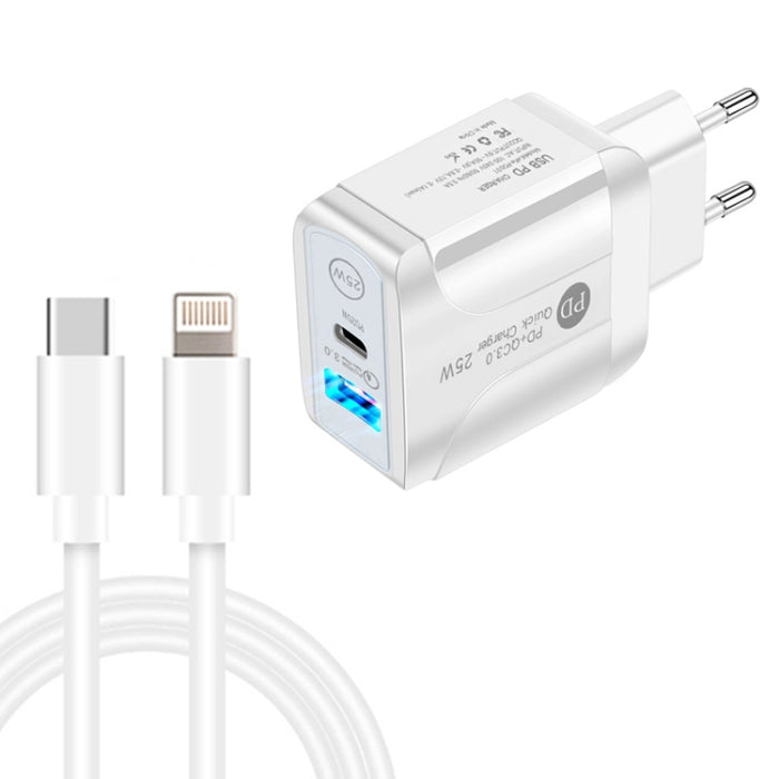 PD25W USB-C / Type-C + QC3.0 USB Dual Ports Cargador rápido con USB-C a cable de datos de 8 pines, enchufe de la UE, EU Plug + USB-C to 8 Pin Cable