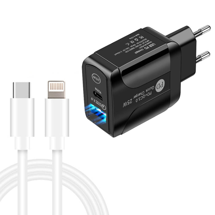 PD25W USB-C / Type-C + QC3.0 USB Dual Ports Cargador rápido con USB-C a cable de datos de 8 pines, enchufe de la UE, EU Plug + USB-C to 8 Pin Cable
