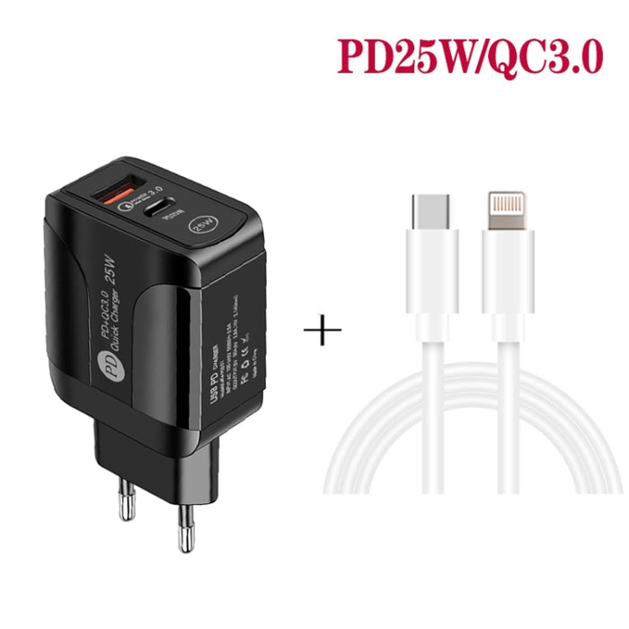 PD25W USB-C / Type-C + QC3.0 USB Dual Ports Cargador rápido con USB-C a cable de datos de 8 pines, enchufe de la UE, EU Plug + USB-C to 8 Pin Cable