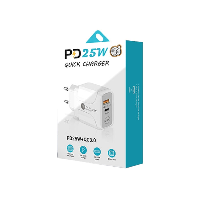 PD25W USB-C / Type-C + QC3.0 USB Dual Ports Cargador rápido con USB-C a cable de datos de 8 pines, enchufe de la UE, EU Plug + USB-C to 8 Pin Cable