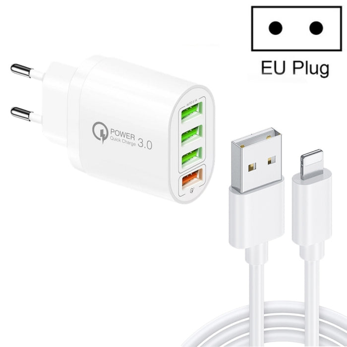 QC-04 QC3.0 + 3 x USB2.0 Cargador multipuerto con cable de datos USB 3A a 8 pines, enchufe de la UE