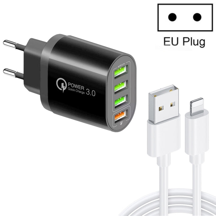 QC-04 QC3.0 + 3 x USB2.0 Cargador multipuerto con cable de datos USB 3A a 8 pines, enchufe de la UE
