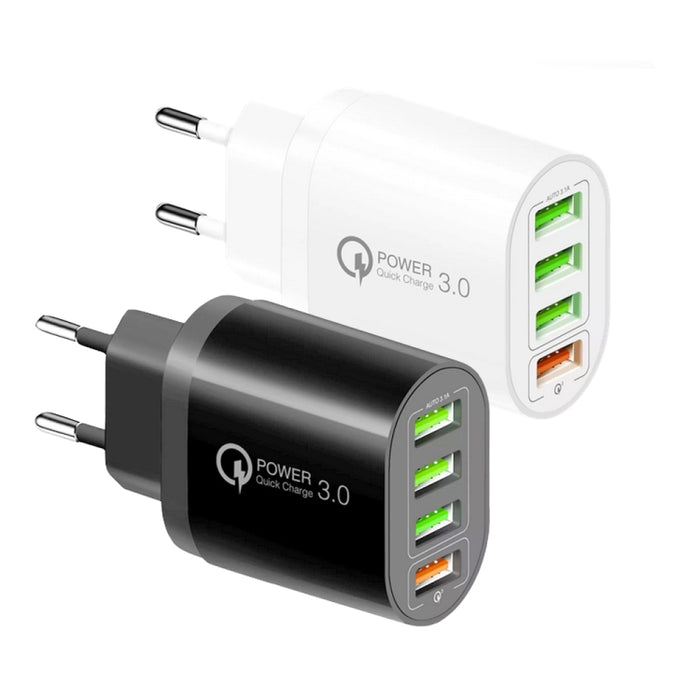 QC-04 QC3.0 + 3 x USB2.0 Cargador multipuerto con cable de datos USB 3A a 8 pines, enchufe de la UE