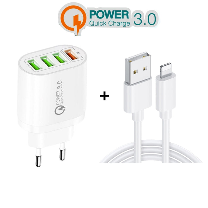 QC-04 QC3.0 + 3 x USB2.0 Cargador multipuerto con cable de datos USB 3A a 8 pines, enchufe de la UE