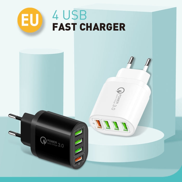QC-04 QC3.0 + 3 x USB2.0 Cargador multipuerto con cable de datos USB 3A a 8 pines, enchufe de la UE