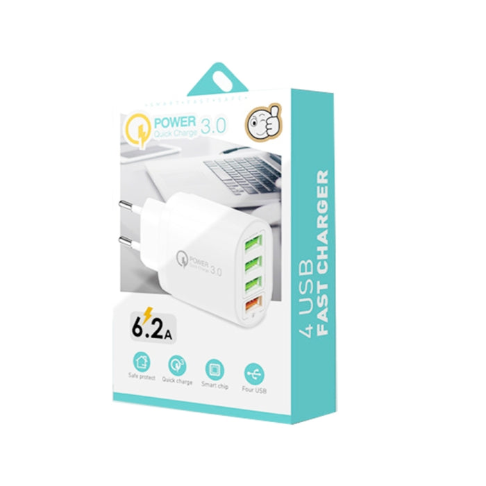 QC-04 QC3.0 + 3 x USB2.0 Cargador multipuerto con cable de datos USB 3A a 8 pines, enchufe de la UE
