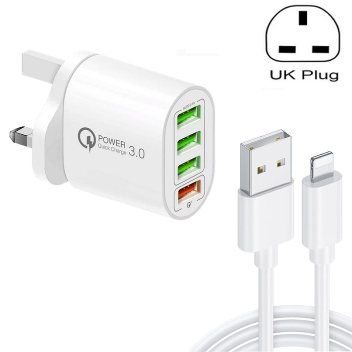 QC-04 QC3.0 + 3 x USB2.0 Cargador multipuerto con cable de datos USB 3A a 8 pines, enchufe para Reino Unido
