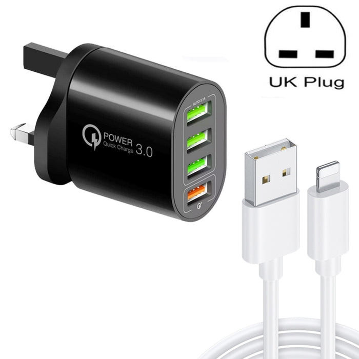 QC-04 QC3.0 + 3 x USB2.0 Cargador multipuerto con cable de datos USB 3A a 8 pines, enchufe para Reino Unido