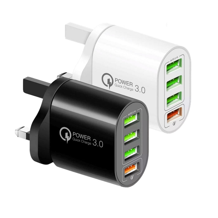 QC-04 QC3.0 + 3 x USB2.0 Cargador multipuerto con cable de datos USB 3A a 8 pines, enchufe para Reino Unido