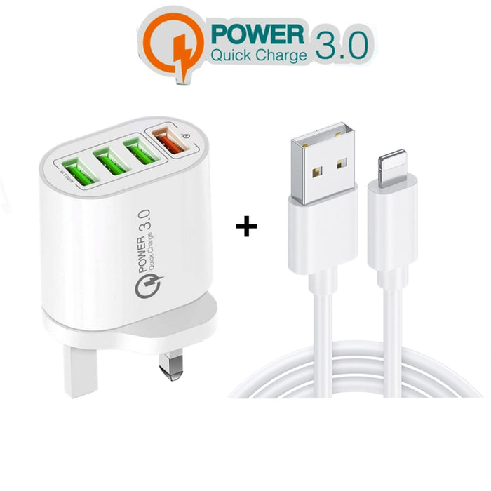 QC-04 QC3.0 + 3 x USB2.0 Cargador multipuerto con cable de datos USB 3A a 8 pines, enchufe para Reino Unido