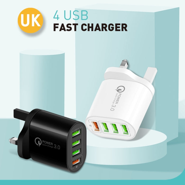 QC-04 QC3.0 + 3 x USB2.0 Cargador multipuerto con cable de datos USB 3A a 8 pines, enchufe para Reino Unido