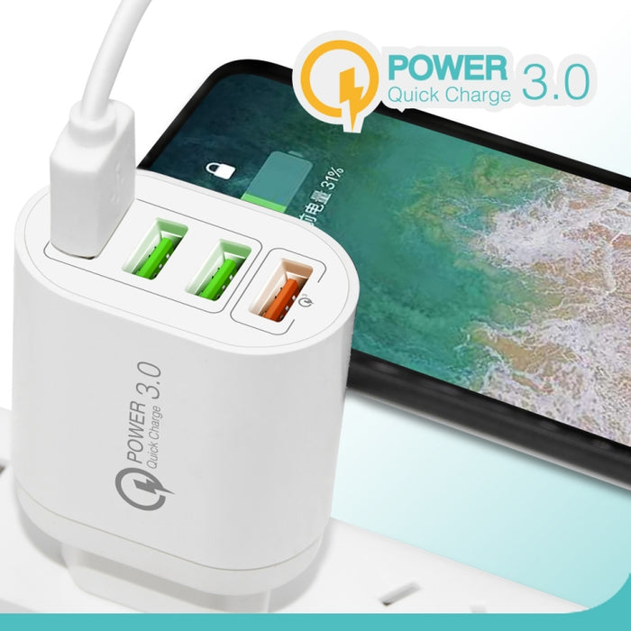 QC-04 QC3.0 + 3 x USB2.0 Cargador multipuerto con cable de datos USB 3A a 8 pines, enchufe para Reino Unido
