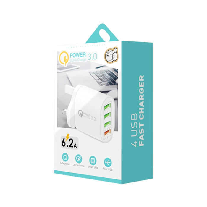 QC-04 QC3.0 + 3 x USB2.0 Cargador multipuerto con cable de datos USB 3A a 8 pines, enchufe para Reino Unido