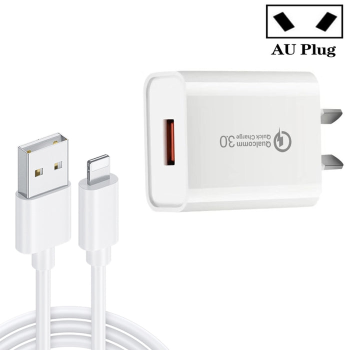 Cargador rápido CA-25 QC3.0 USB 3A con USB a cable de datos de 8 pines, enchufe AU, AU Plug + 8 Pin Cable