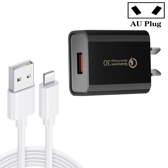 Cargador rápido CA-25 QC3.0 USB 3A con USB a cable de datos de 8 pines, enchufe AU, AU Plug + 8 Pin Cable