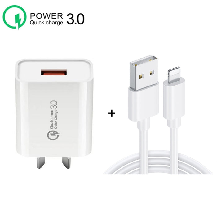 Cargador rápido CA-25 QC3.0 USB 3A con USB a cable de datos de 8 pines, enchufe AU, AU Plug + 8 Pin Cable