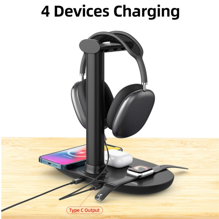 B-15A Cargador inalámbrico con soporte para auriculares 4 en 1 para teléfonos inteligentes, iWatch y Airpods