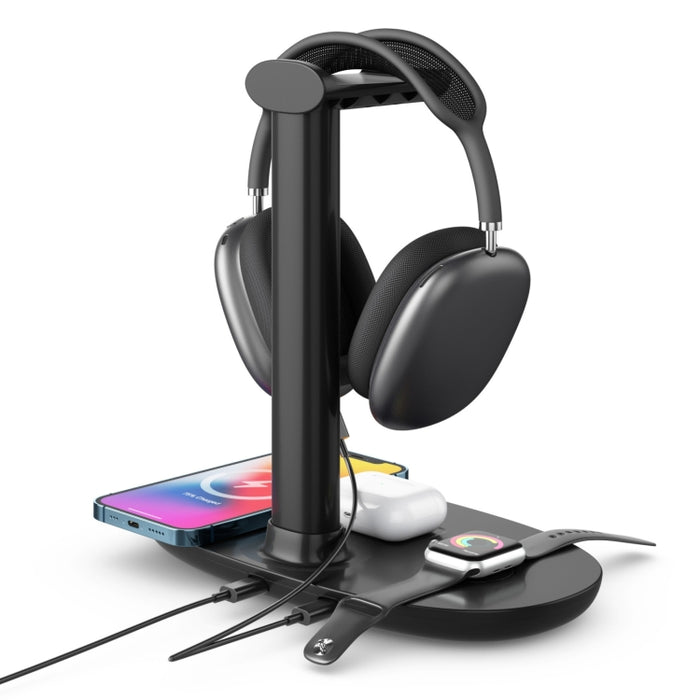 B-15A Cargador inalámbrico con soporte para auriculares 4 en 1 para teléfonos inteligentes, iWatch y Airpods