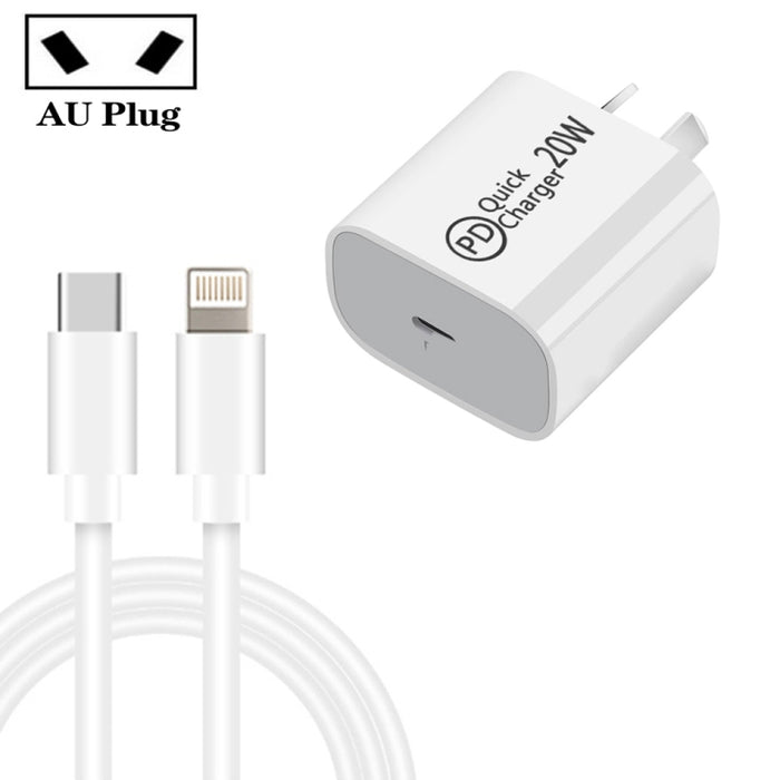 Cargador de viaje AU-20W PD USB-C / Type-C con USB-C a cable de datos de 8 pines, enchufe AU, AU Plug + 1m 8 Pin PD Cable, AU Plug + 2m 8 Pin PD Cable
