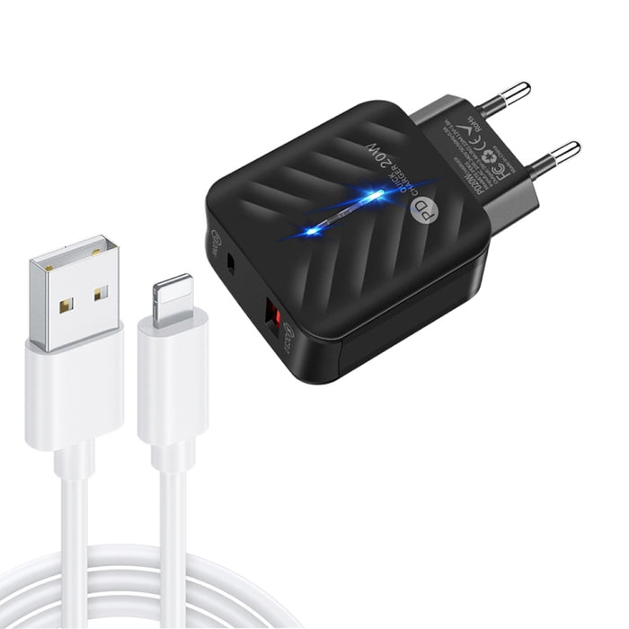 Cargador USB PD03 20W PD3.0 + QC3.0 con USB a cable de datos de 8 pines, enchufe de la UE, EU Plug + USB to 8 Pin Cable