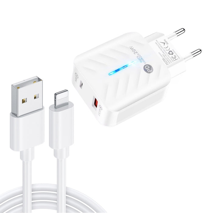 Cargador USB PD03 20W PD3.0 + QC3.0 con USB a cable de datos de 8 pines, enchufe de la UE, EU Plug + USB to 8 Pin Cable