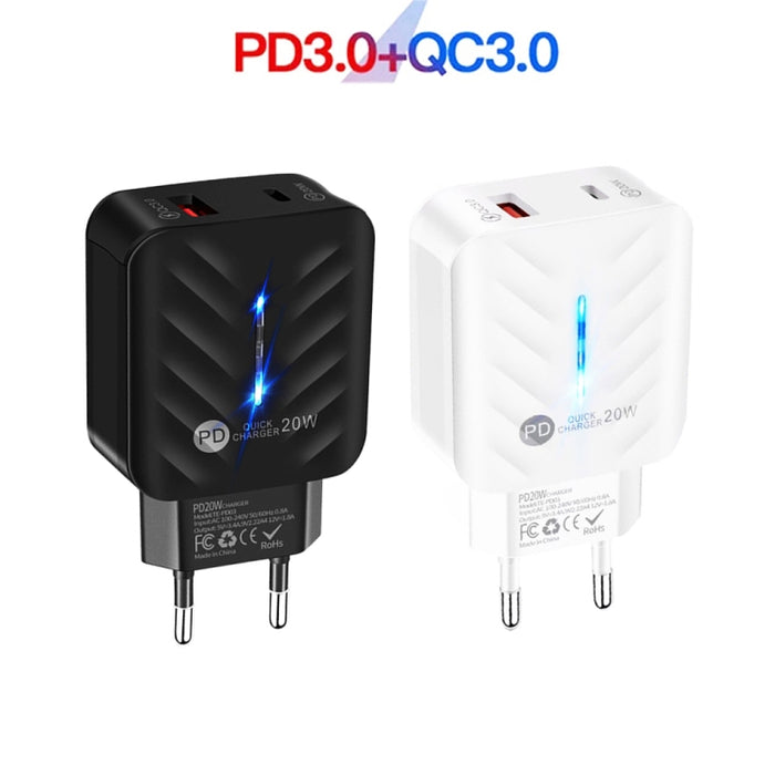 Cargador USB PD03 20W PD3.0 + QC3.0 con USB a cable de datos de 8 pines, enchufe de la UE, EU Plug + USB to 8 Pin Cable