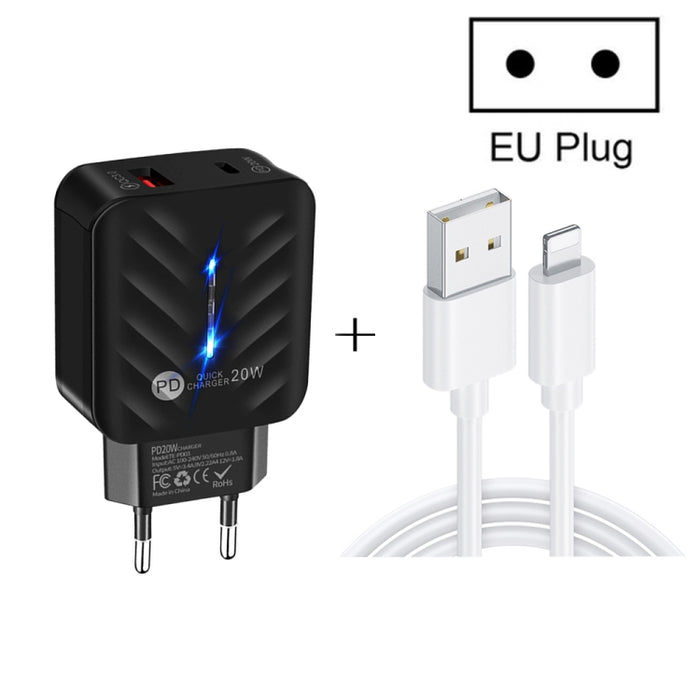 Cargador USB PD03 20W PD3.0 + QC3.0 con USB a cable de datos de 8 pines, enchufe de la UE, EU Plug + USB to 8 Pin Cable