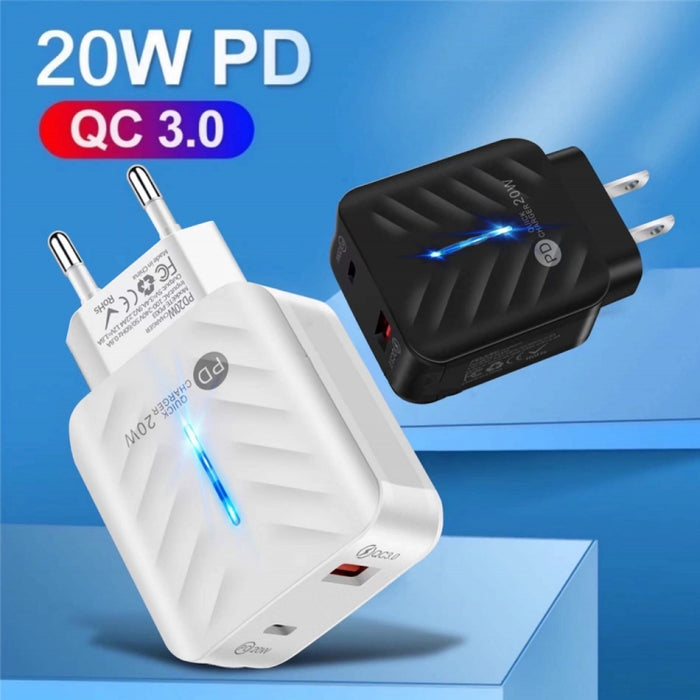 Cargador USB PD03 20W PD3.0 + QC3.0 con USB a cable de datos de 8 pines, enchufe de la UE, EU Plug + USB to 8 Pin Cable