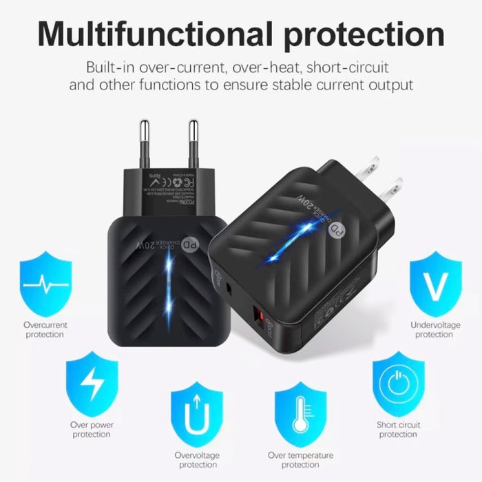 Cargador USB PD03 20W PD3.0 + QC3.0 con USB a cable de datos de 8 pines, enchufe de la UE, EU Plug + USB to 8 Pin Cable