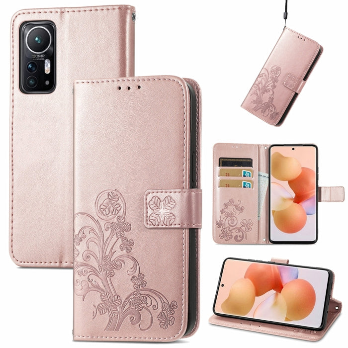 Estuche para teléfono de cuero en relieve con cierre de cuatro hojas, For Xiaomi 12