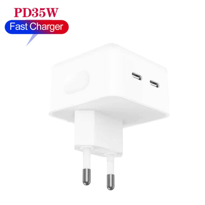 Cargador de puertos duales USB-C / Type-C PD de 35 W para iPhone / iPad Series, enchufe de la UE