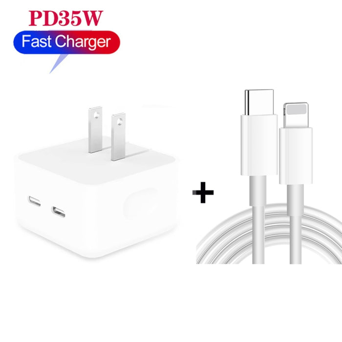 Cargador de puertos USB-C / tipo C dual PD de 35 W con cable de datos tipo C a 8 pines, enchufe de EE. UU., US Plug + 1m 8 Pin Cable, US Plug + 1.5m 8 Pin Cable, US Plug + 2m 8 Pin Cable