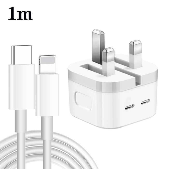 Cargador de puertos USB-C / tipo C doble PD de 35 W con cable de datos de tipo C a 8 pines, enchufe para Reino Unido, UK Plug + 1m 8 Pin Cable, UK Plug + 1.5m 8 Pin Cable, UK Plug + 2m 8 Pin Cable