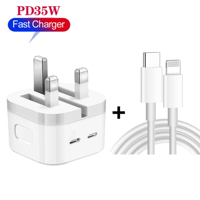 Cargador de puertos USB-C / tipo C doble PD de 35 W con cable de datos de tipo C a 8 pines, enchufe para Reino Unido, UK Plug + 1m 8 Pin Cable, UK Plug + 1.5m 8 Pin Cable, UK Plug + 2m 8 Pin Cable