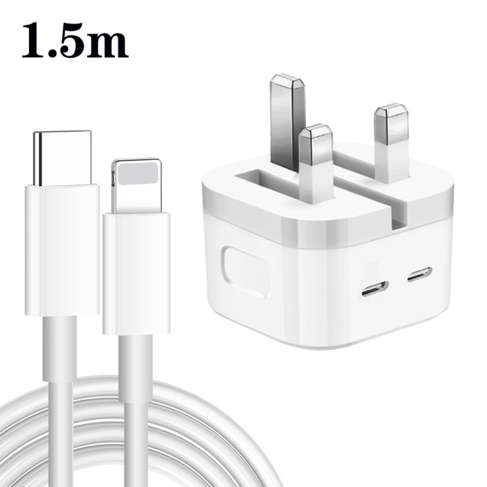 Cargador de puertos USB-C / tipo C doble PD de 35 W con cable de datos de tipo C a 8 pines, enchufe para Reino Unido, UK Plug + 1m 8 Pin Cable, UK Plug + 1.5m 8 Pin Cable, UK Plug + 2m 8 Pin Cable