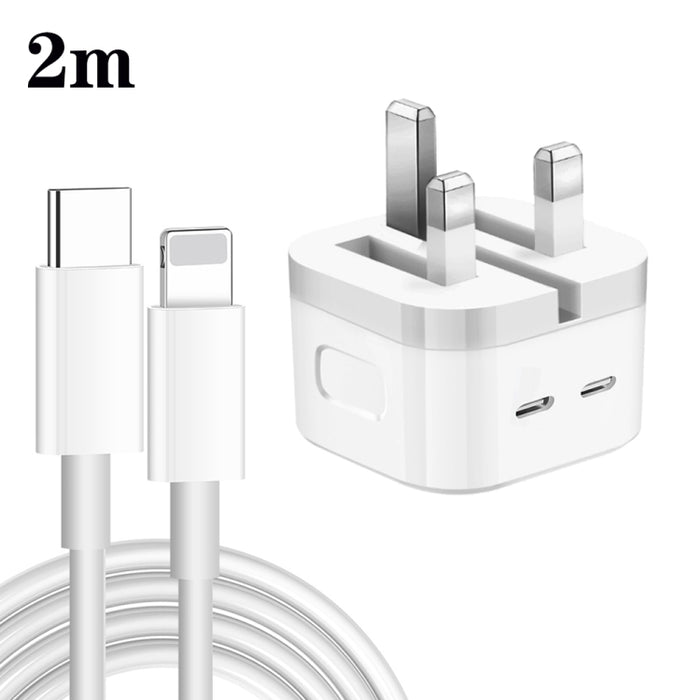 Cargador de puertos USB-C / tipo C doble PD de 35 W con cable de datos de tipo C a 8 pines, enchufe para Reino Unido, UK Plug + 1m 8 Pin Cable, UK Plug + 1.5m 8 Pin Cable, UK Plug + 2m 8 Pin Cable