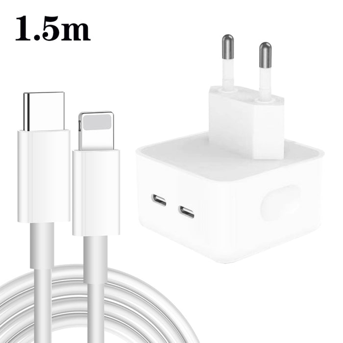 Cargador de puertos USB-C / tipo C dual PD de 35 W con cable de datos tipo C a 8 pines, enchufe de la UE, EU Plug + 1.5m 8 Pin Cable, EU Plug + 2m 8 Pin Cable