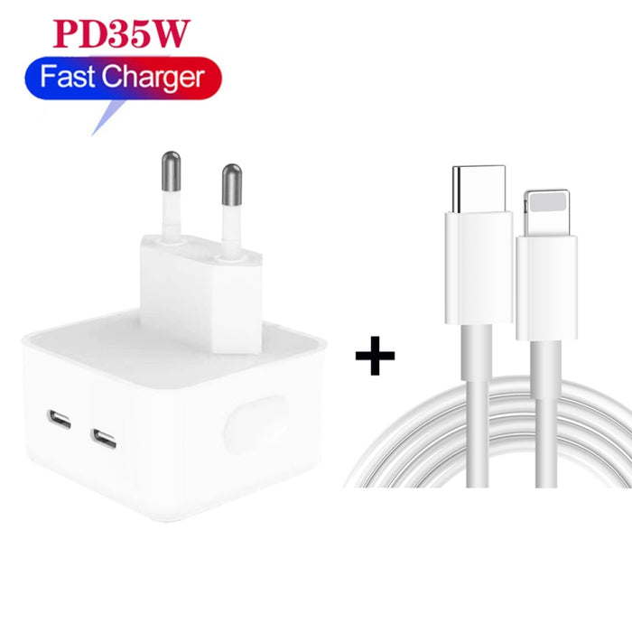 Cargador de puertos USB-C / tipo C dual PD de 35 W con cable de datos tipo C a 8 pines, enchufe de la UE, EU Plug + 1.5m 8 Pin Cable, EU Plug + 2m 8 Pin Cable