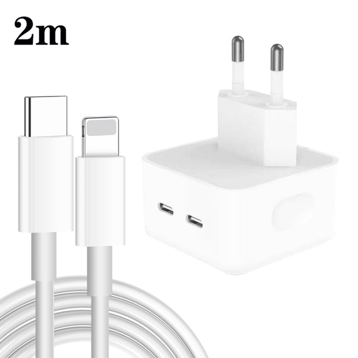 Cargador de puertos USB-C / tipo C dual PD de 35 W con cable de datos tipo C a 8 pines, enchufe de la UE, EU Plug + 1.5m 8 Pin Cable, EU Plug + 2m 8 Pin Cable