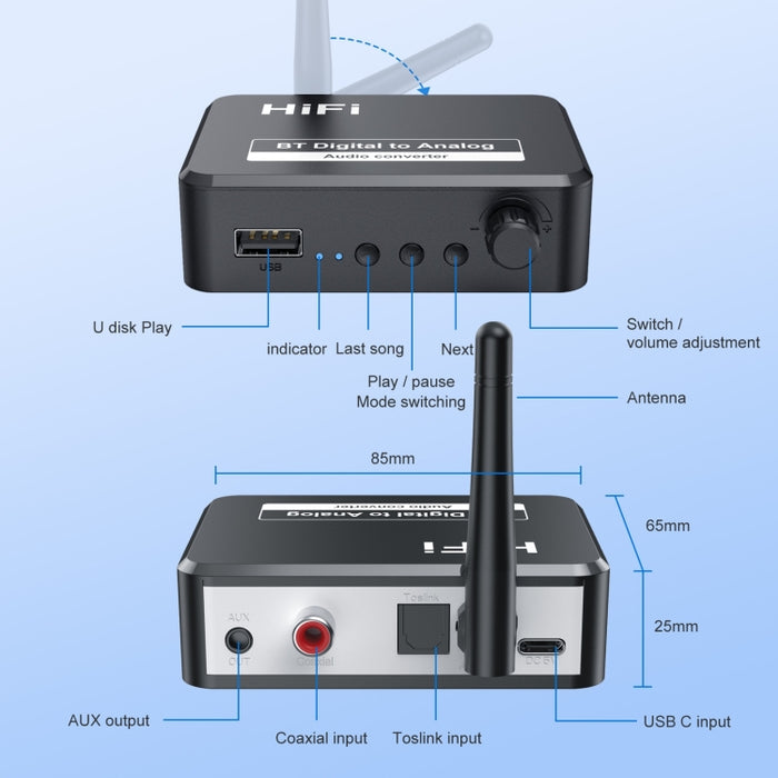 B35S Bluetooth 5.2 Receptor de música Convertidor digital a analógico compatible con fibra de disco U coaxial