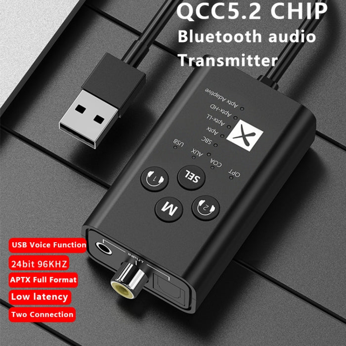 El transmisor de audio T9 de baja latencia 5.2 Bluetooth admite la serie completa APTX coaxial de fibra óptica, With USB Cable, No Cable